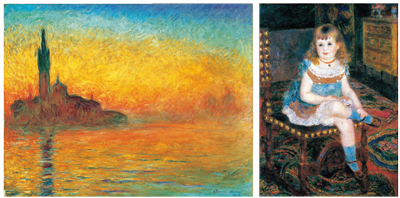 右／ピエール＝オーギュスト・ルノワール 《すわるジョルジェット・シャルパンティエ嬢》 1876年 左／クロード・モネ 《黄昏、ヴェネツィア》 1908年頃 画像はすべて石橋財団ブリヂストン美術館