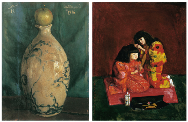 右／《二人麗子図（童女飾髪図）》1922年 泉屋博古館分館 左／《壺の上に林檎が載って在る》 1916年 東京国立近代美術館